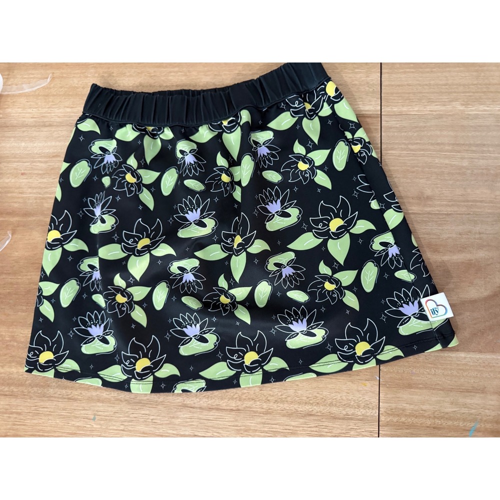 Disney Princess Tiana Water Lily Skirt Black Green Floral Girls Size 9/10 ily